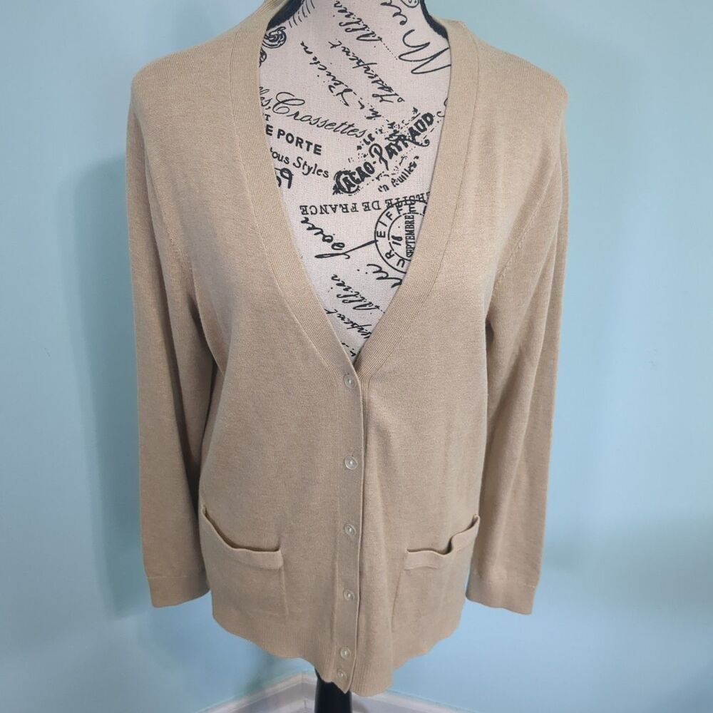 Lands End womens Cardigan Sweater Lambswool L Large tan pockets